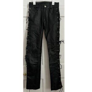 Leather Lace Up Side Pants Black XS Vintage Size 28 Tie ARD Champs Genuine Biker